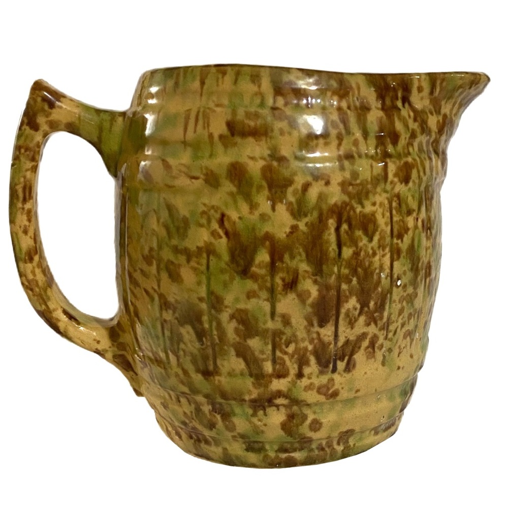 Vintage Morton Pottery Spongeware Yelloware Brown & Green Barrel Pitcher